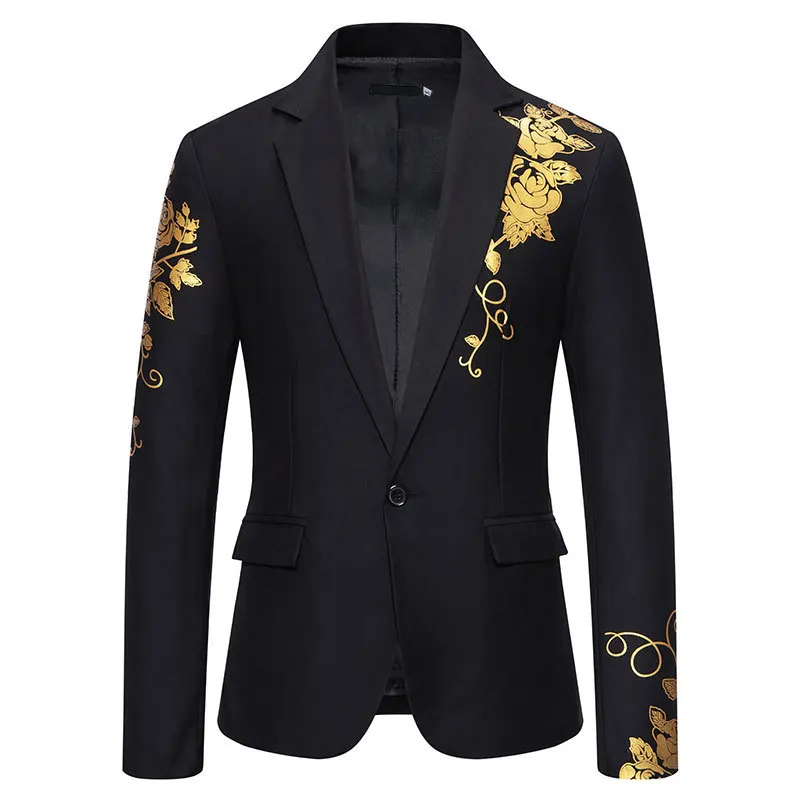 New Men's Slim Fit Paisley Gold Foil Floral Print Blazer Royal Blue Casual Wedding Prom Suit Jacket Coat