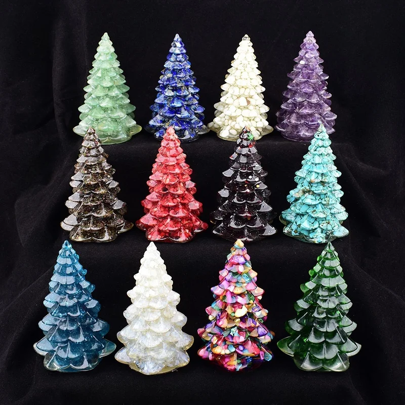 1PC Natural Crystal Gravel Resin Christmas Tree Mineral Specimen Craft Handicraft Lucky Tree Home Decoration Holiday Gift