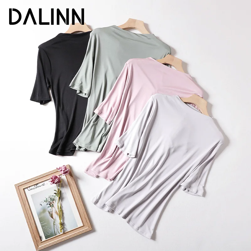 

Woman Casual T Shirts Basic Slash Neck Half Sleeves Real Silk Blend Cozy Tee 2023 Spring Summer New Chic Top DALINN