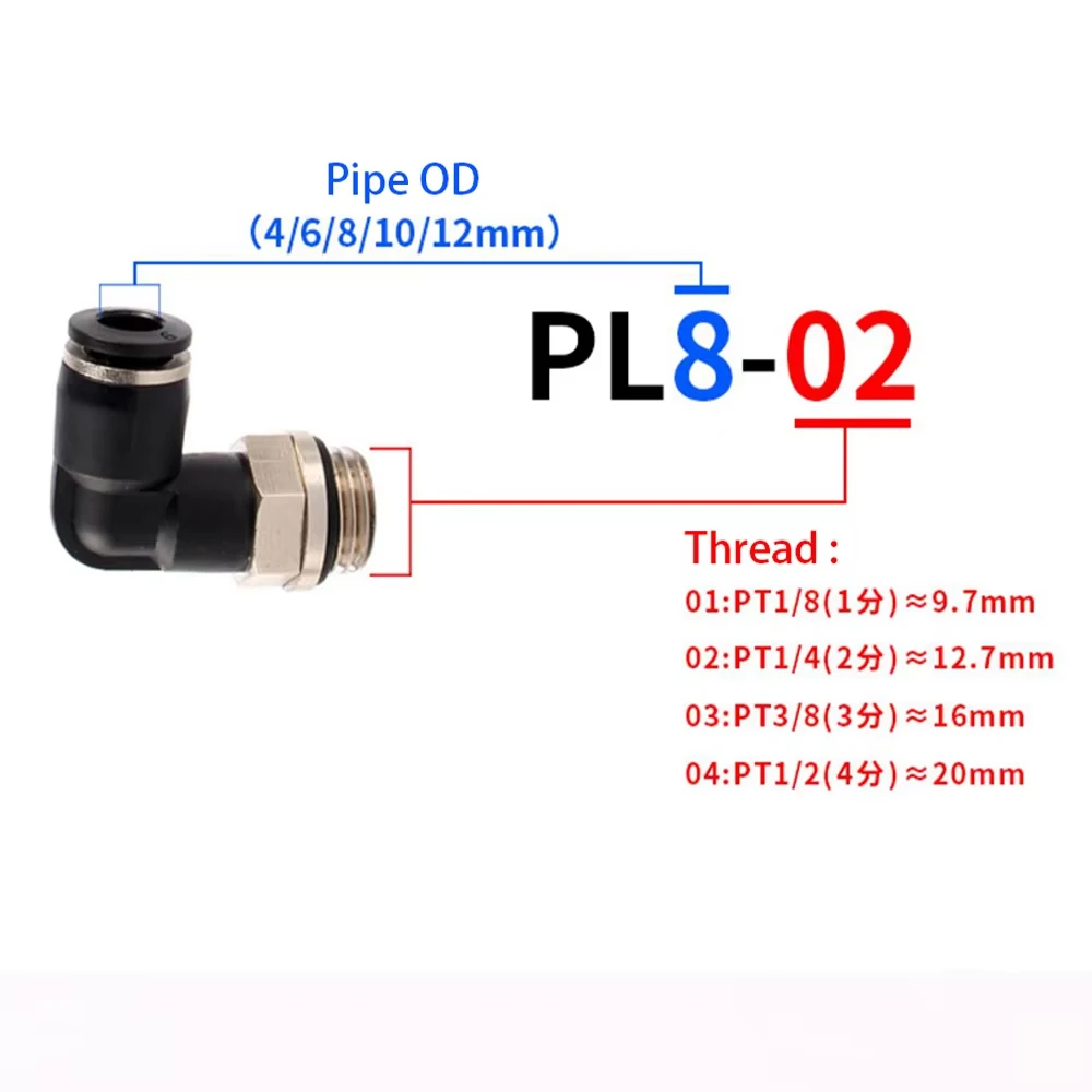 

1-50pcs PL Elbow Pneumatic Fittings Coupling 4 6 8 10mm Hose Quick Connector Male Thread 1/8＂1/4＂3/8＂1/2＂Air Water Pipe Joint