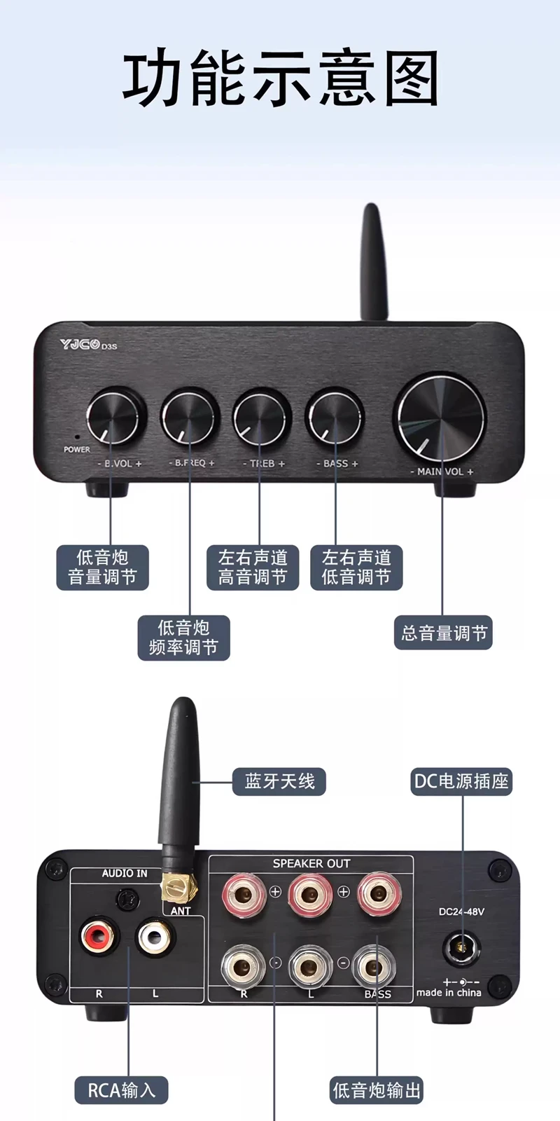 D3S 듀얼 코어 TPA3255 고출력 2.1 디지털 HIFI 앰프 QCC3034 블루투스 5.4 디코딩 및 LDAC 지원