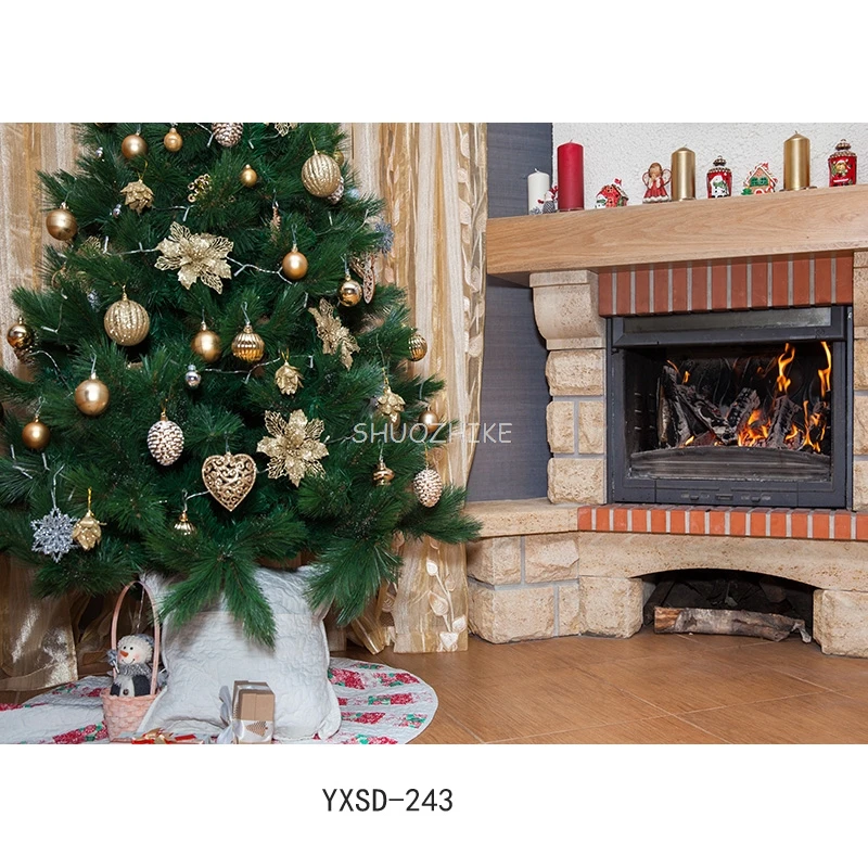 SHUOZHIKE عيد الميلاد موضوع داخلي التصوير خلفية شجرة عيد الميلاد الموقد الأطفال صورة لخلفيات الصور YXSD-08