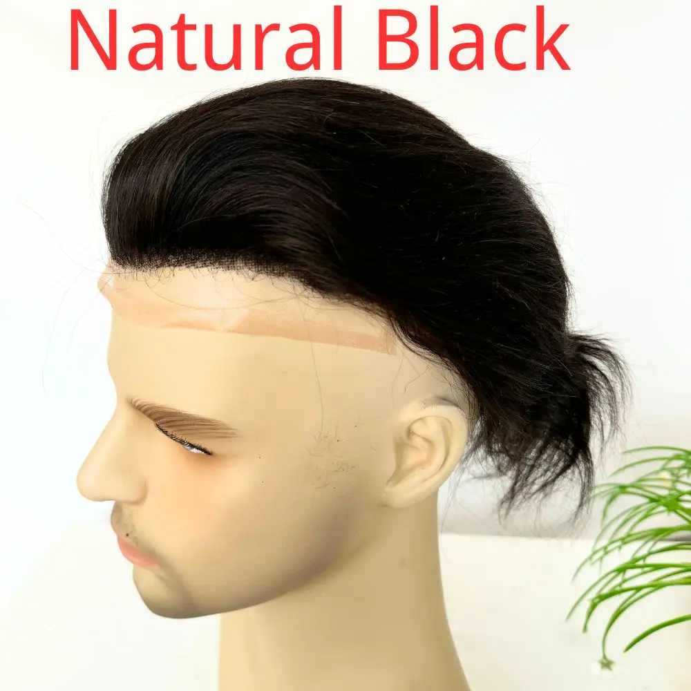 Pwigs Men's Toupee Mono Lace with PU Base Men's Hair Natural Black European 100% Human Monofilament Hair System