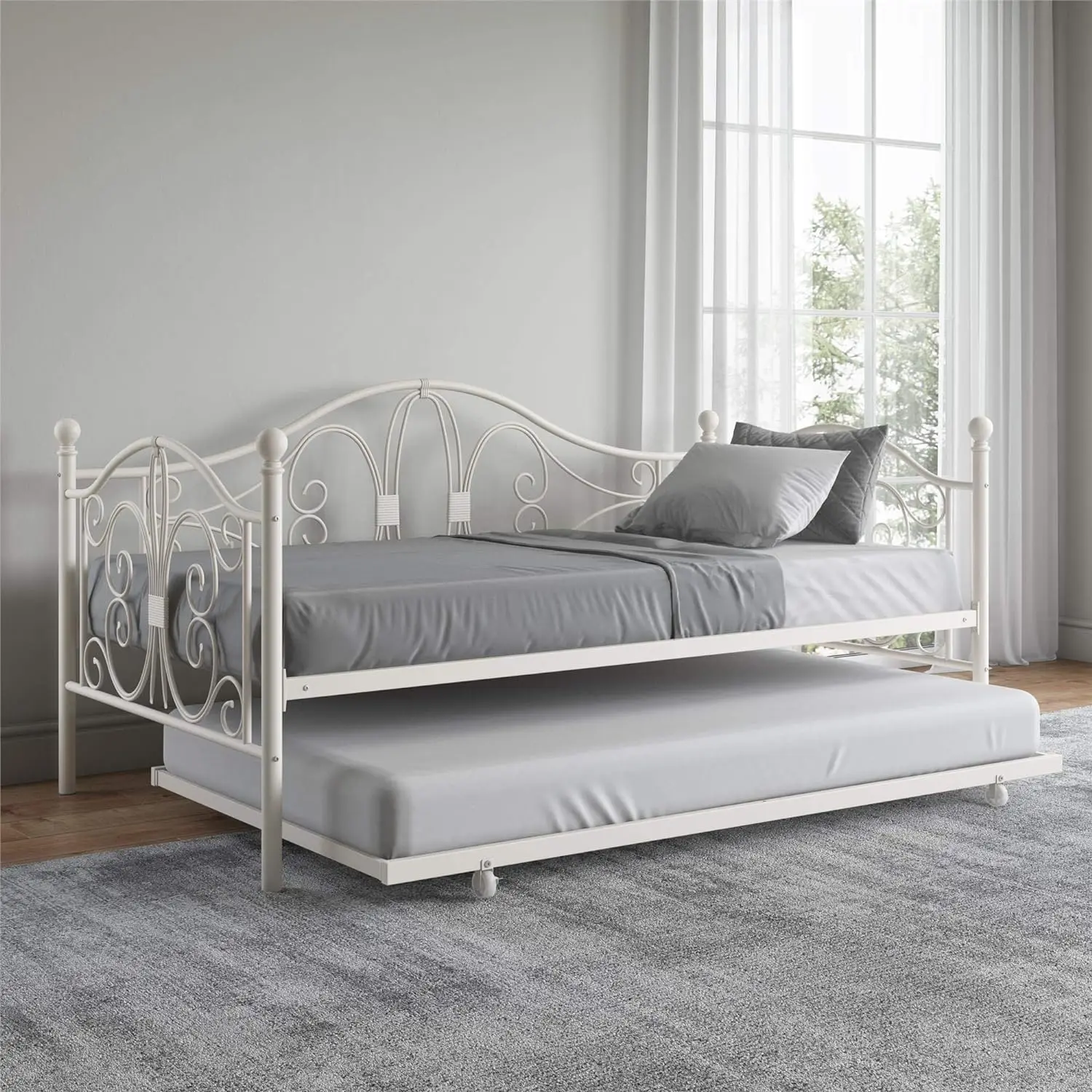 Bombay Metal Twin Size Daybed Frame with Included Twin Size Trundle - White