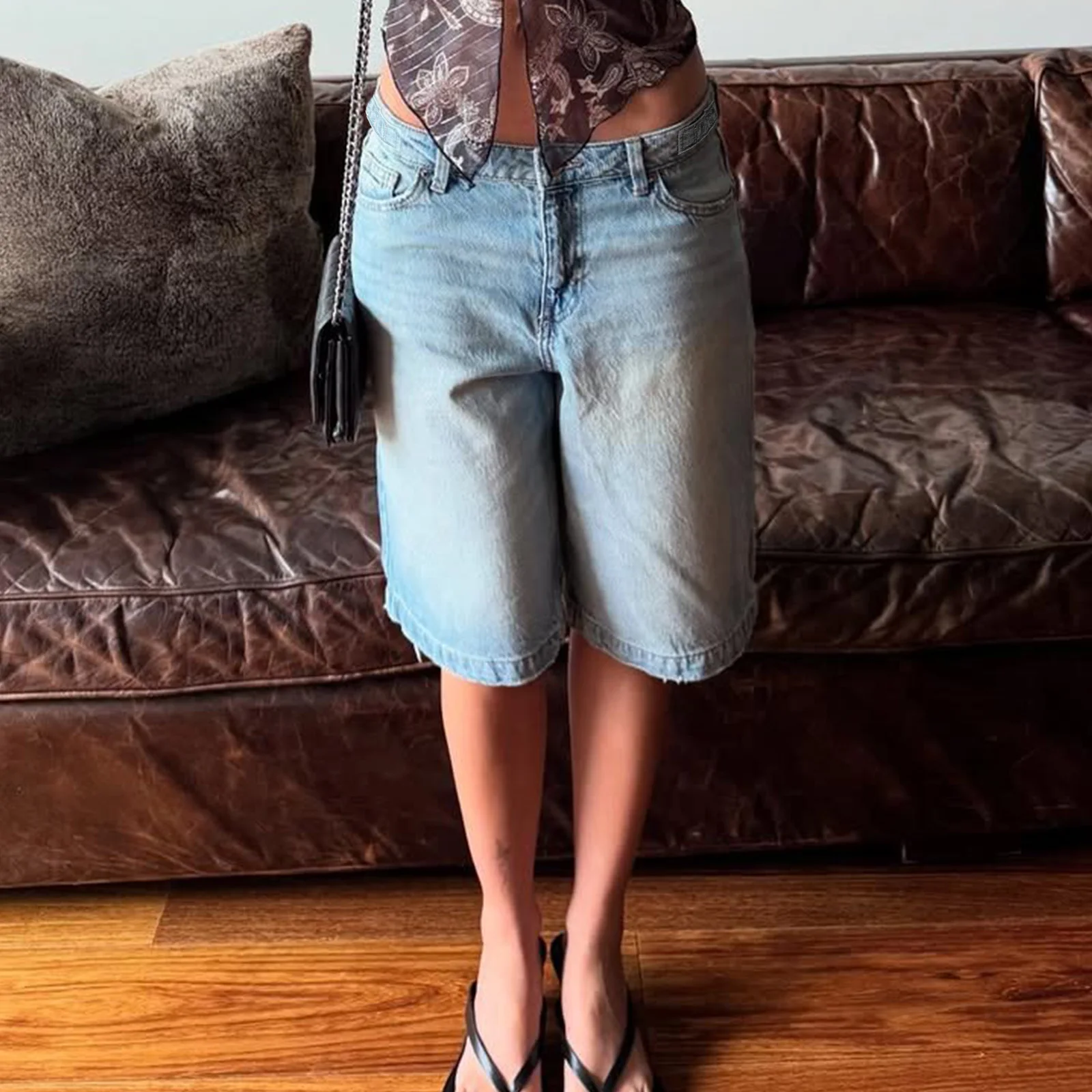 Women y2K Vintage Denim Shorts Casual Vintage Washed Knee Length Jean Short Pants for Vacation Beach Club Streetwear