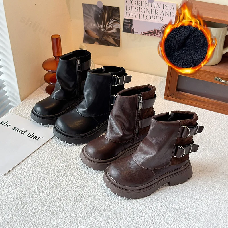 

Children's Leather Boots Autumn Girls Lightweight Comfortable Soft Sole Short Boot Fashion Buckle Strap Side Zipper Casual Shoes