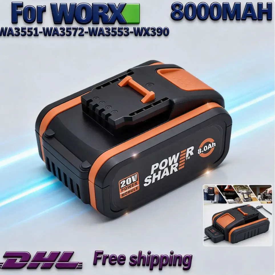 Batterie lithium-ion de remplacement 20V pour WORX 8000mAh, pour outil à batterie rechargeable WA3551 WA3551.1 WA3553 WA3641 WX373