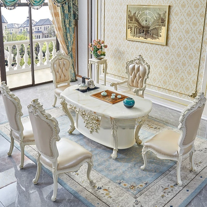 Factory Direct 2026 Marble style solid wood tea table and chair combination, home balcony automatic intelligence