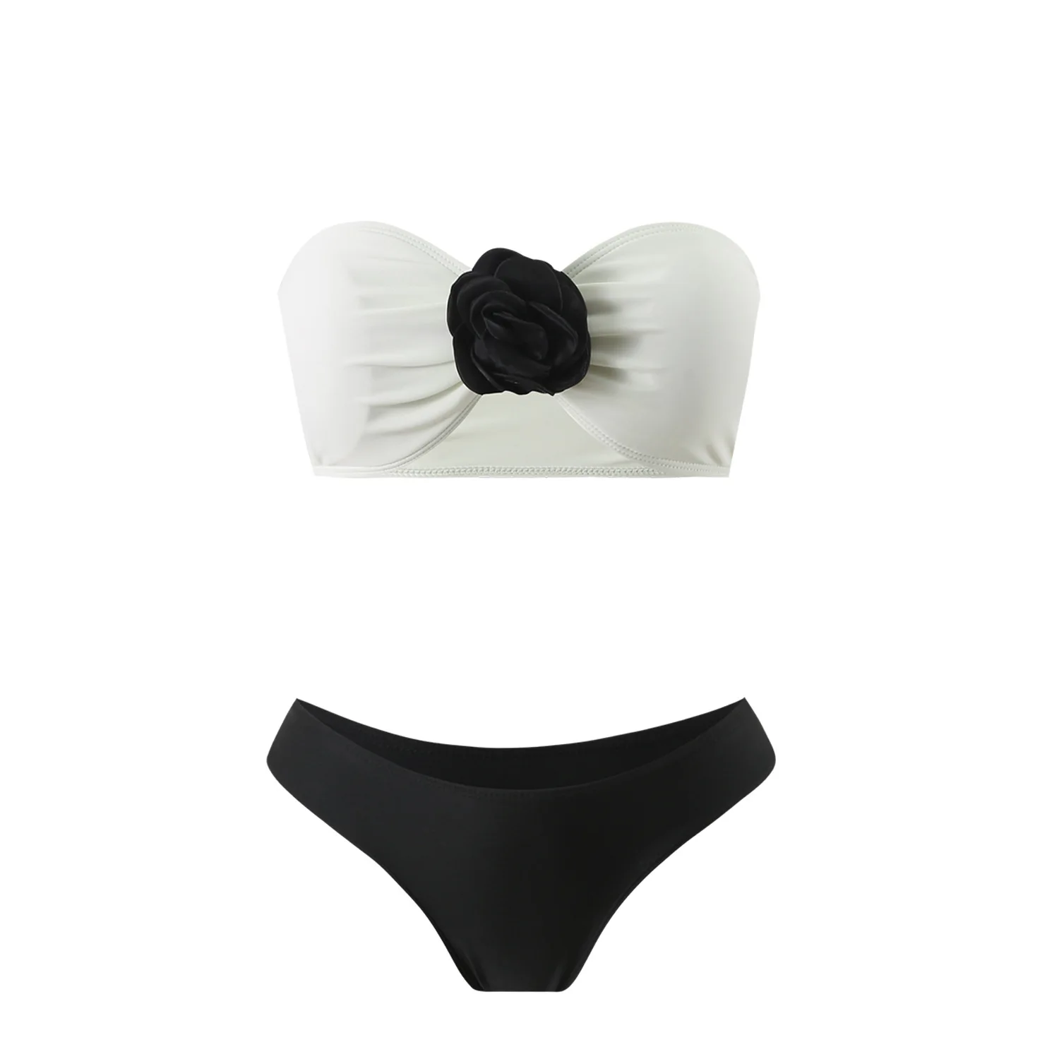

Sexy 3D Floral Bandeau Bikini Set 2025 Women Black White Patchwork Skirt 3 Piece Swimsuit Beach Bathing Suit High Waist Swimwear