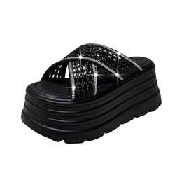 Summer 2023 Chunky Sandals Women's Thick Bottom Wedge Heels Slides 8CM High Heels Platform Leather Casual Beach Flip Flops Woman