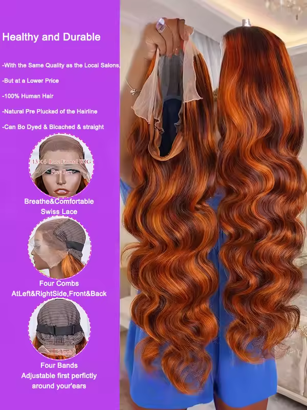 4/350 Highlight Ombre Body Wave Wigs 13x6 Lace Front Human Hair Wig Ginger Orange Brown Colored Water Wave 13x4 Lace Frontal Wig - Image 2
