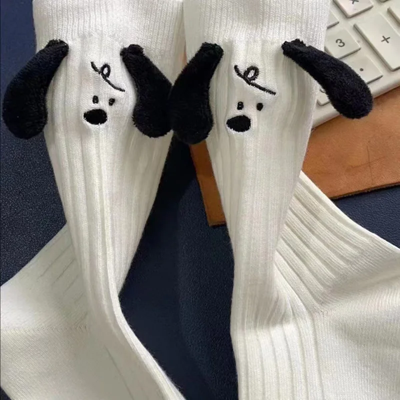 

Cartoon Black Ears Puppy Socks White Mid Calf Socks Unisex Casual Floor Socks