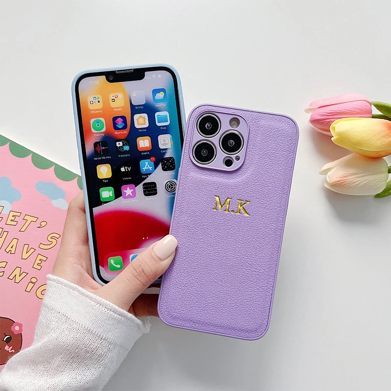 Korea Personalise Name Letters Leather PU Soft Phone Case For iPhone 16 14 13 12 11 Pro Max Plus Lens Protection Luxury Cover