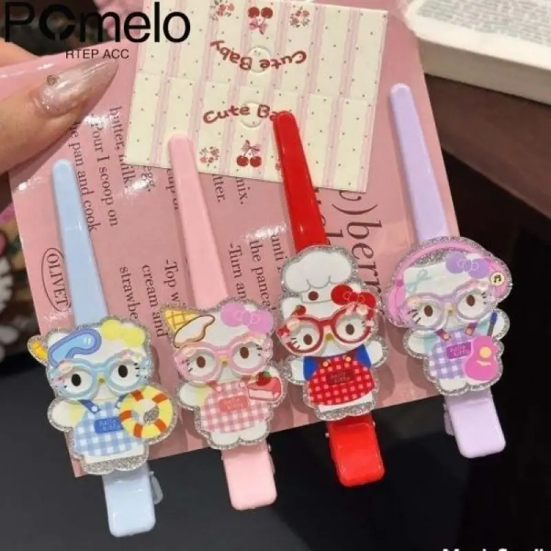 

4Pcs Sanrio Wear Glasses Hello Kitty Apron Series Hairpin Bangs Hair Clip Headwear Bundle Clamp Bag Decorate Girl Birthday Gift