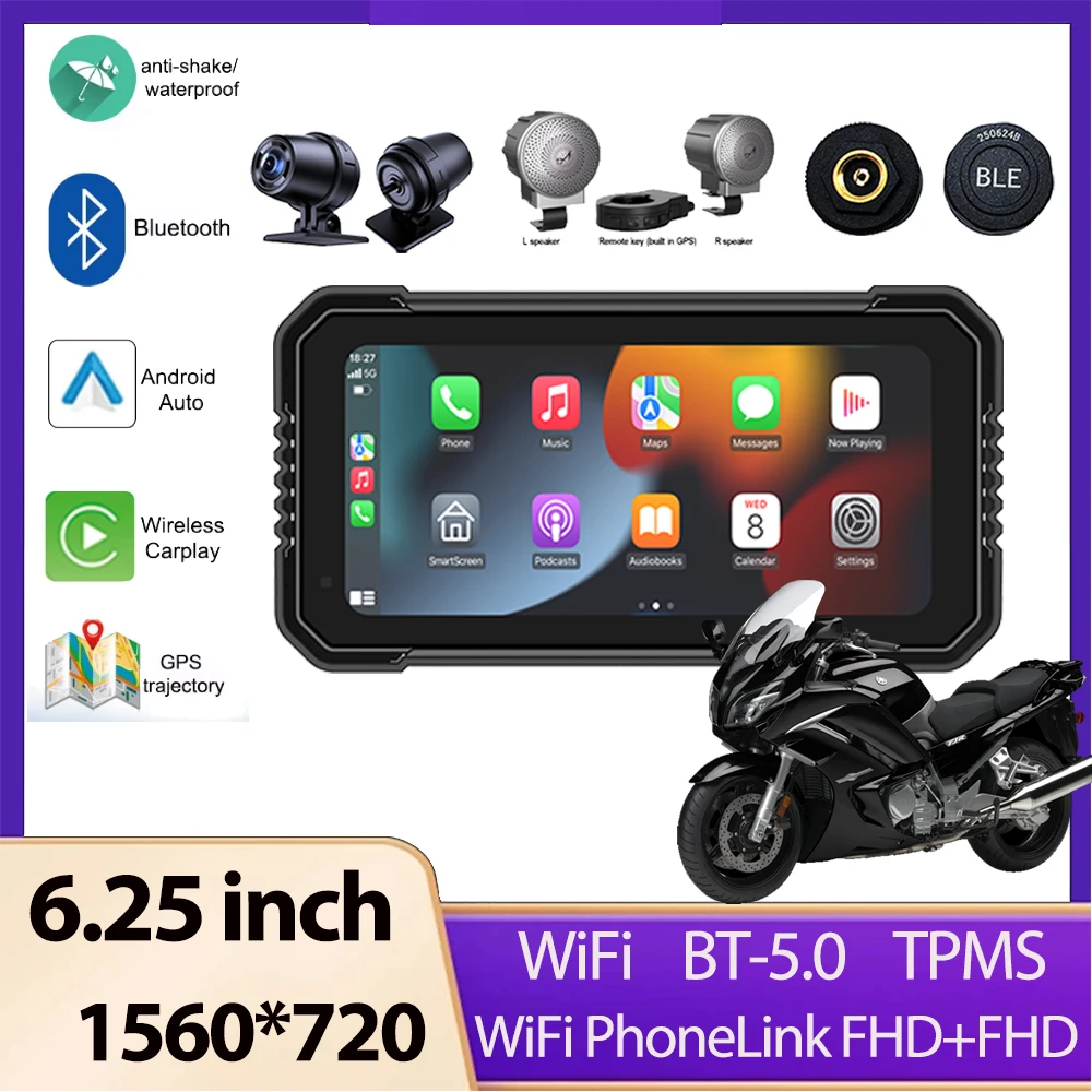 6.25 inch Navigation Motorcycle Waterproof Apple Carplay Display Screen Portable Motorcycle Wireless Android Auto Monitor