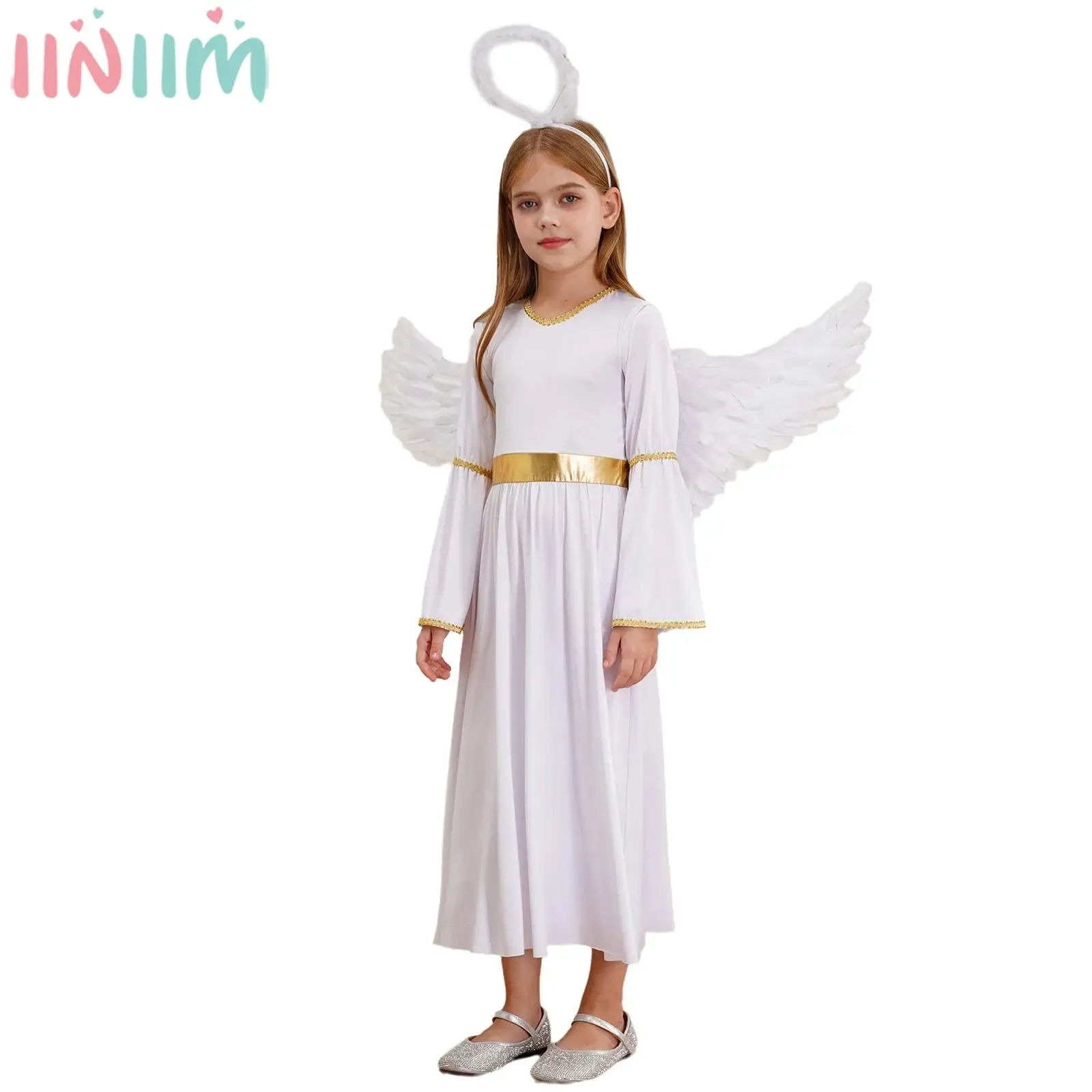 Kids Girls Angel Cosplay Costume Long Sleeve Princess Gown Dress with Feather Hairband Angel Wings for Halloween Theme Party