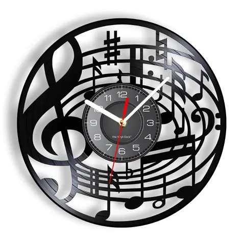 Music Notes Wall Art Treble Clef Vinyl Record Wall Clock Hanging Sheet Music Art Vintage Watch Rock n Roll Music Lover Gift