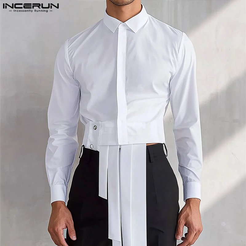 INCERUN Men Deconstruction Design Shirts Handsome Long Sleeve Chemise Solid Color Handsome Tops Lapel Collar Open Up Shirts