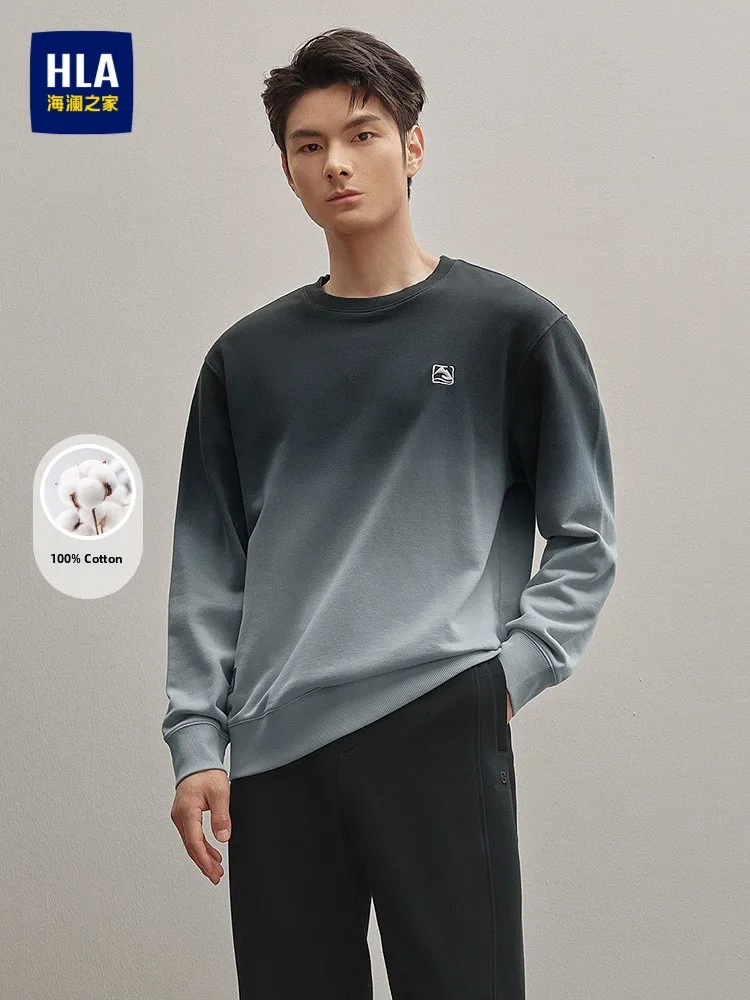 Men's Pure Cotton round Neck Sweatshirt with Embroidery Gradient Design Micro Stretch Comfortable Knitted Streetwear for Autu...