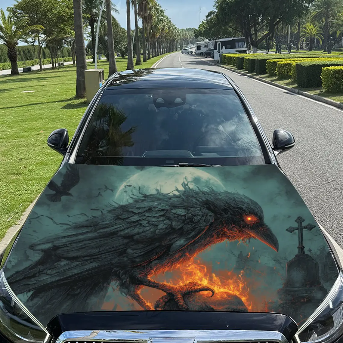 Dark Blazing Raven Print car hood stickers, waterproof self-adhesive, scratch resistant, easy to stick, durable car PVC stickers