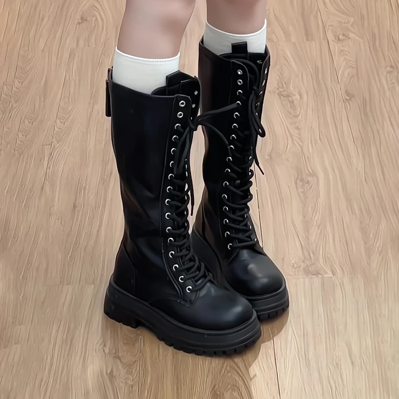 Autumn Winter Platform Woman Knee High Boots Lace Up Side Zipper Chunky Sole Shoes Punk Ladies Leather Motorcycle Long Boots