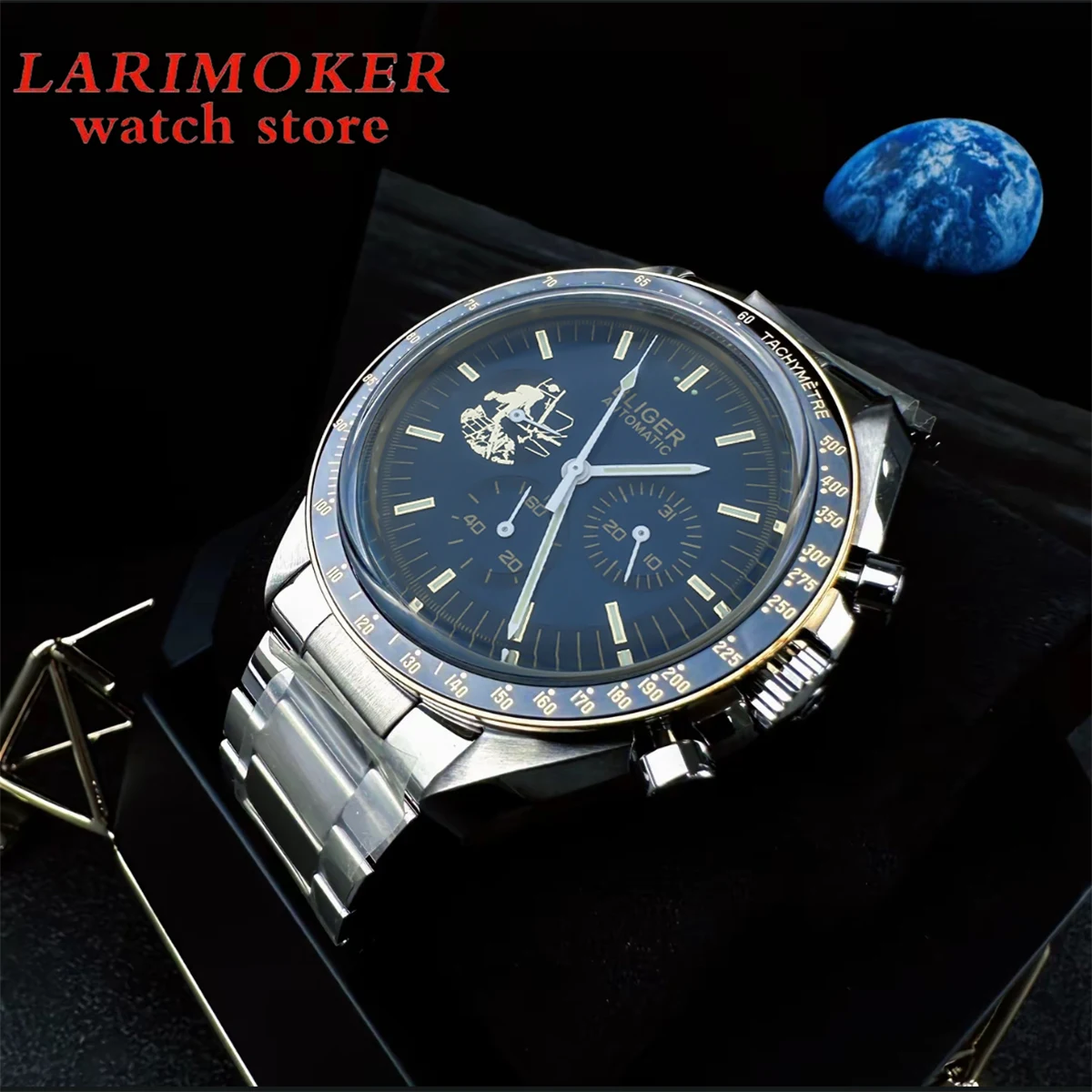 BLIGER40mm 기계식 자동 시계 표시 돔 유리 스틸 팔찌 남성용, 10ATM 방수 기계식 시계