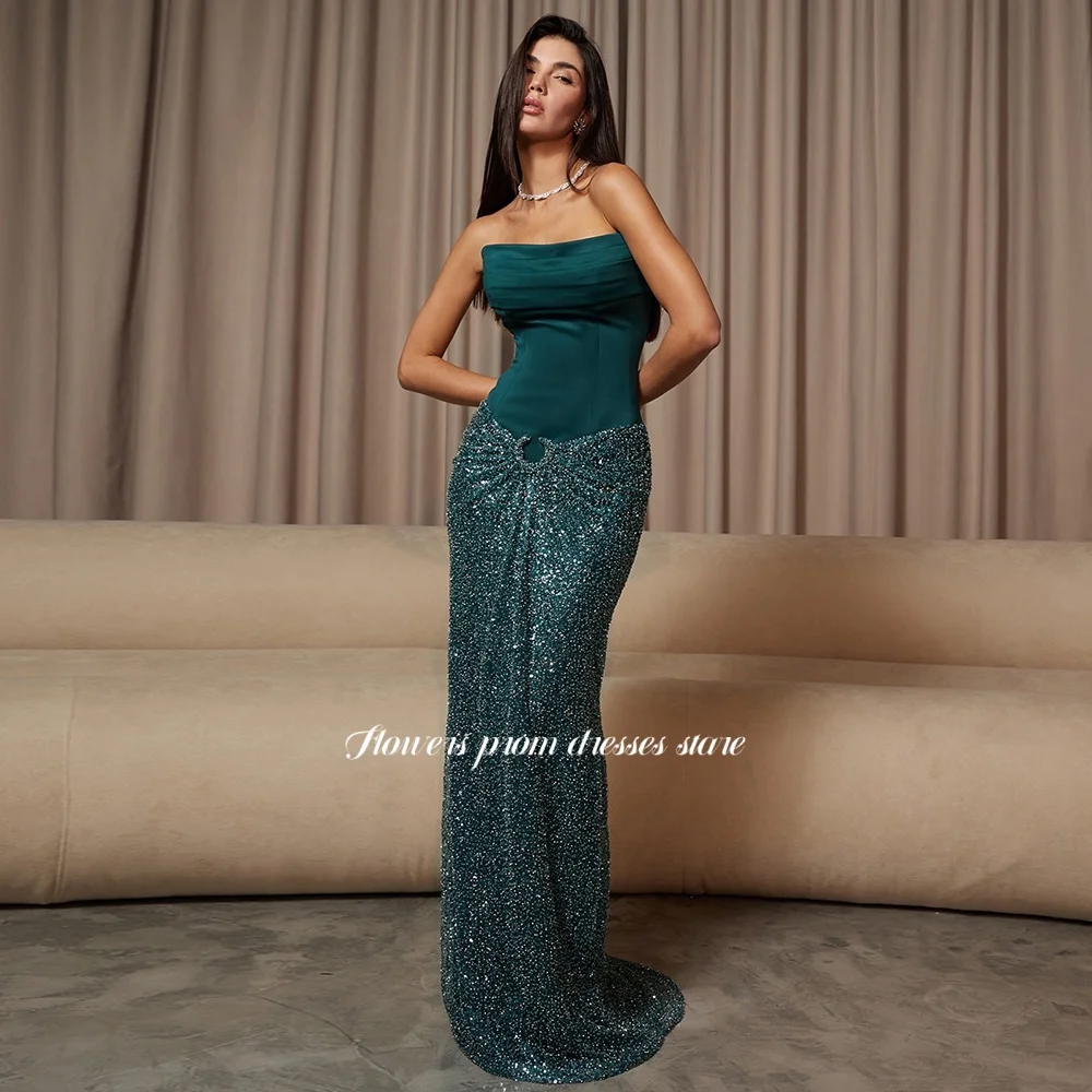 

Flowers Green Prom Dress Mermaid Party Dress with Pleats Strapless Evening Dress for Women فساتين مناسبة رسمية Customized