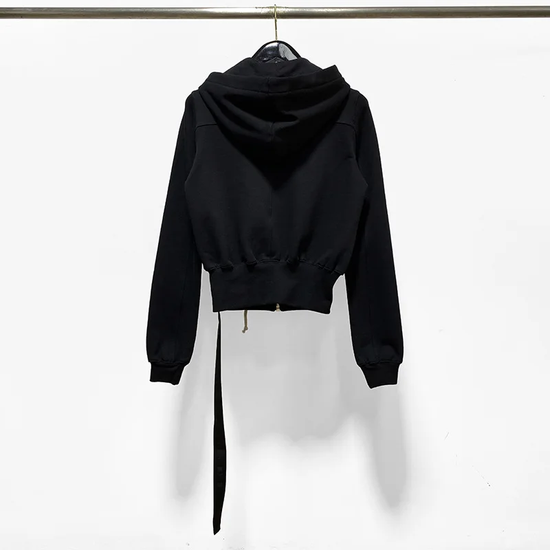 HKSH Women Sweatshirt Trend Chic Dark Style Zipper Drawstring Ribbon Decoration Design Niche Casual Hooded Cotton Jacket HK26525