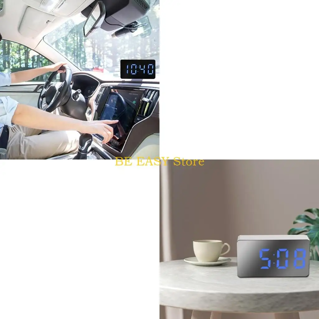 E28F Mini Electronic Digital Alarm Clock Multifunctional Large Screen Car LED Mirror Clock with Temperature for Time & Date for