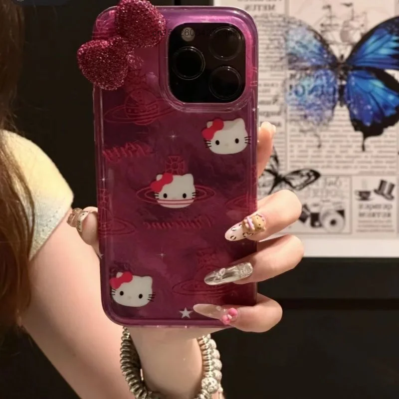 Hello Kitty Bow Diamond Design Trendy Phone Case Suitable For IPhone 16 15 14 13 12 11 Promax Xsmax xs xr Cute Niche Phone Cover
