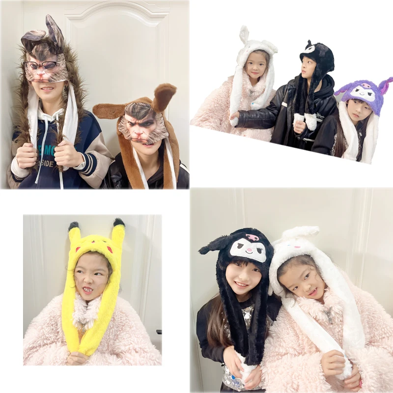 MINISO Gengar Eevee Wukong Beanie Hat Can Moving Bunny Ears Hat With Shine Earflap Movable Ears Casual Animal Cap Beanies Gift