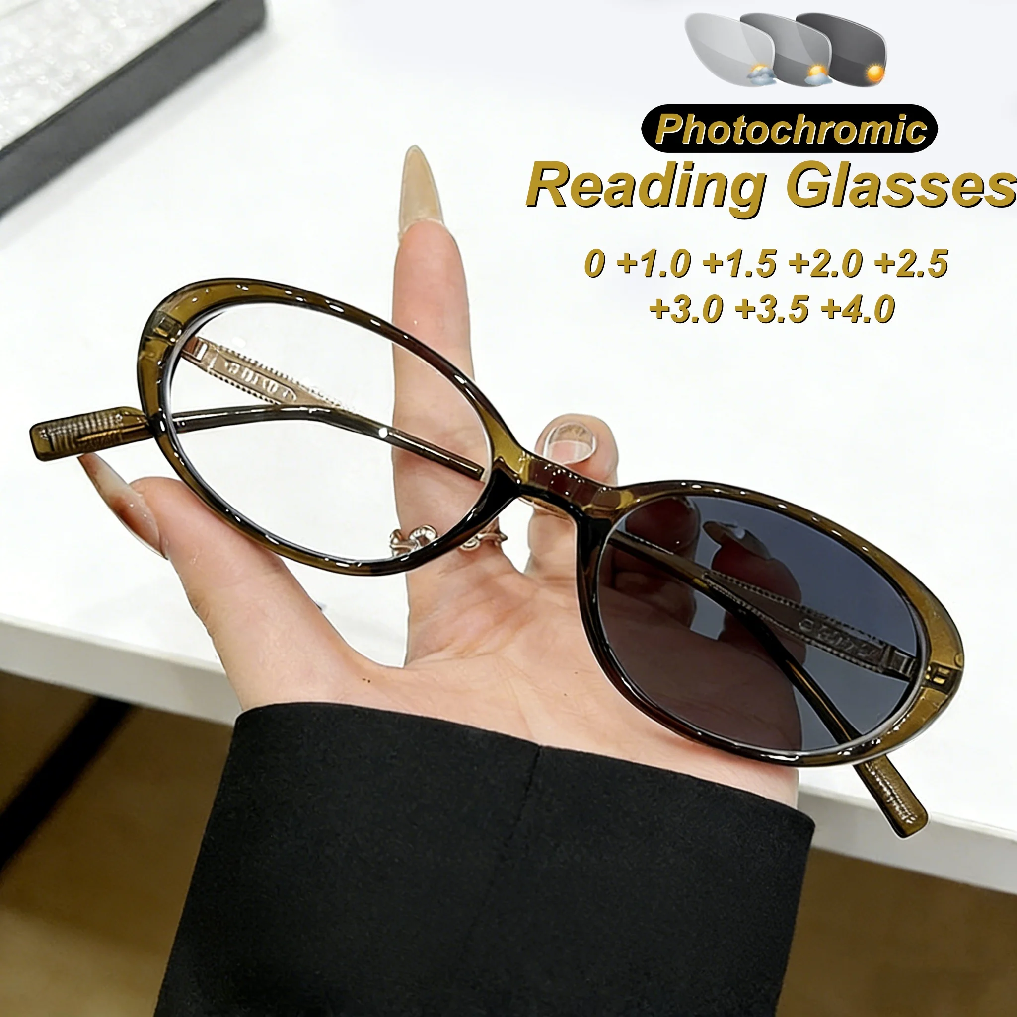 

2026 New Fashionable Personalized Cat Eye Photochromic Women's Reading Glasses Retro Outdoor Neutral HD Anti Blue Light Glasses