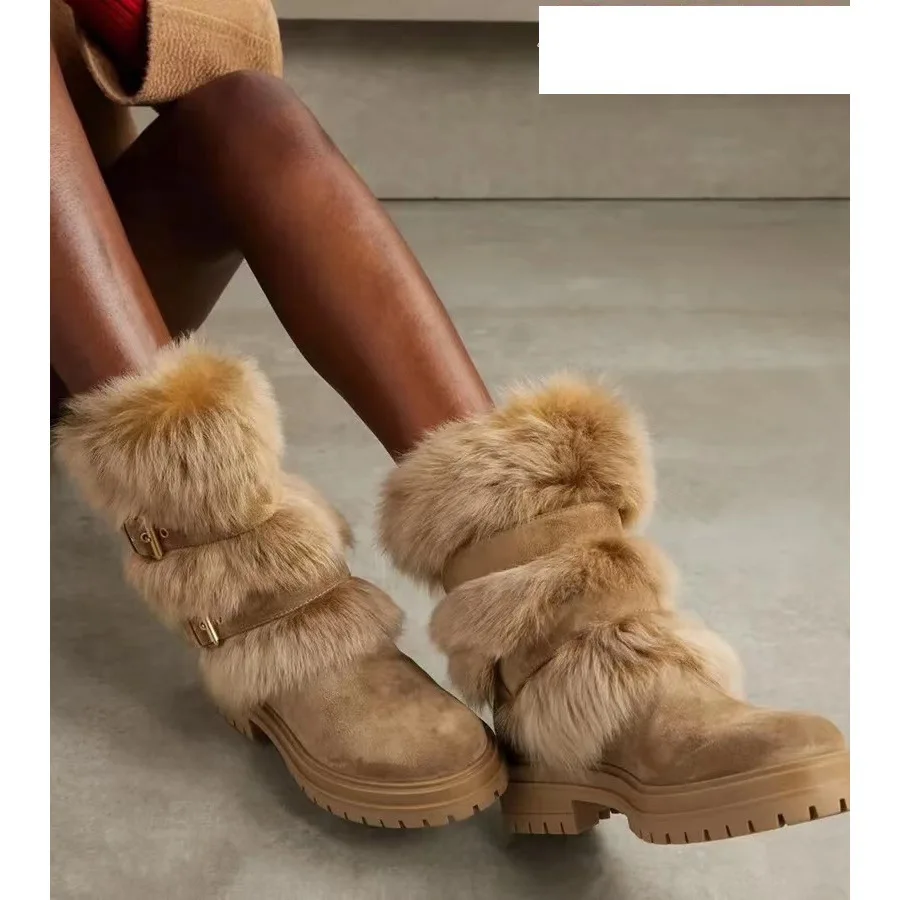 Fur Round Toe Belt Buckle Mid-Calf Winter Women Boots Chunky Middle Heels Buckle Strap Design Large Size Cosplay Lolita Shoes