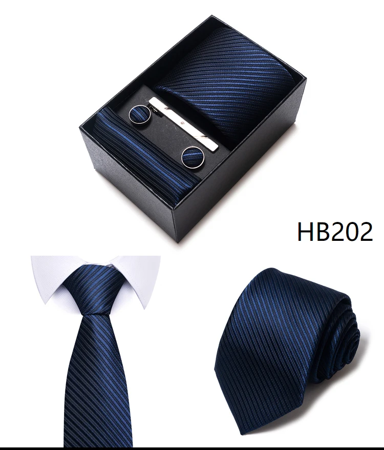 Krawatte Taschentuch Manschettenknopf Set für Männer Krawatte Urlaub Geschenkbox Blau Gold Anzug Zubehör Schlanke Hochzeit Gravatas – Detail 9