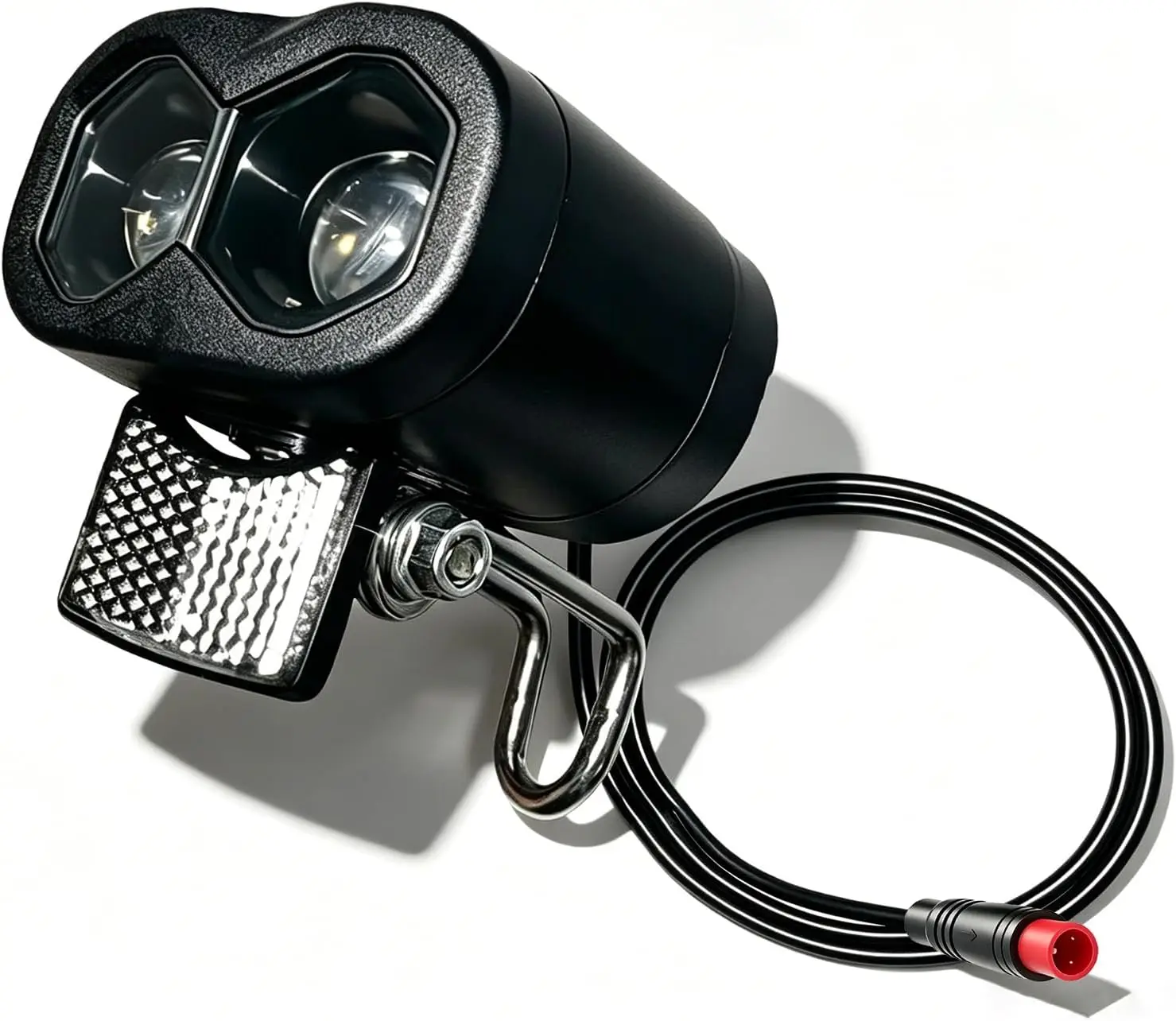 Uniwersalna lampka przednia do e-bike'a 12V-60V z klaksonem, wodoodporność IPX4, światło mijania 115Lux, wtyczka 2/3-pinowa, mocowanie typu riser do e-bike'ów i hulajnóg.