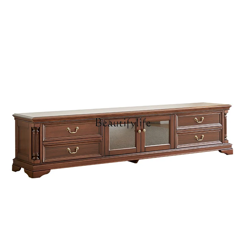 

American pure solid wood TV cabinet 2 meters black walnut living room TV cabinet