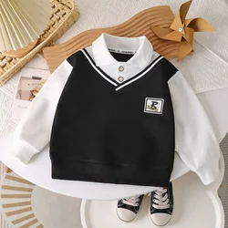 New 2024 Autumn Fashion Baby Boys Lapel Long Sleeve Fake two-piece Polo Shirt Kids Casual Sweatshrit Tops Clothing