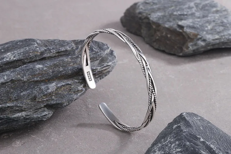 Neuer Vintage Thai Silber Geflochtener Gedrehter Armreif 925 Sterling Silber Schmuck Offene Armbänder SL008 – Detail 2