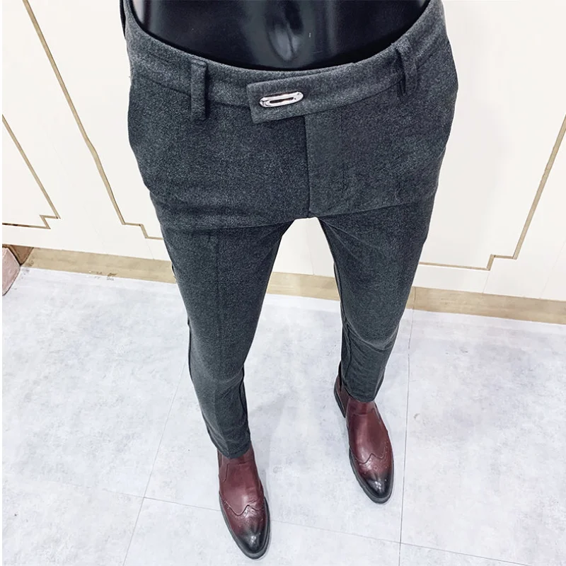 

Autumn Winter Men Dress Pants Formal Social Suit Black Gray Pants Casual Slim Fit Woolen Warm Business Cigarette Trousers Men