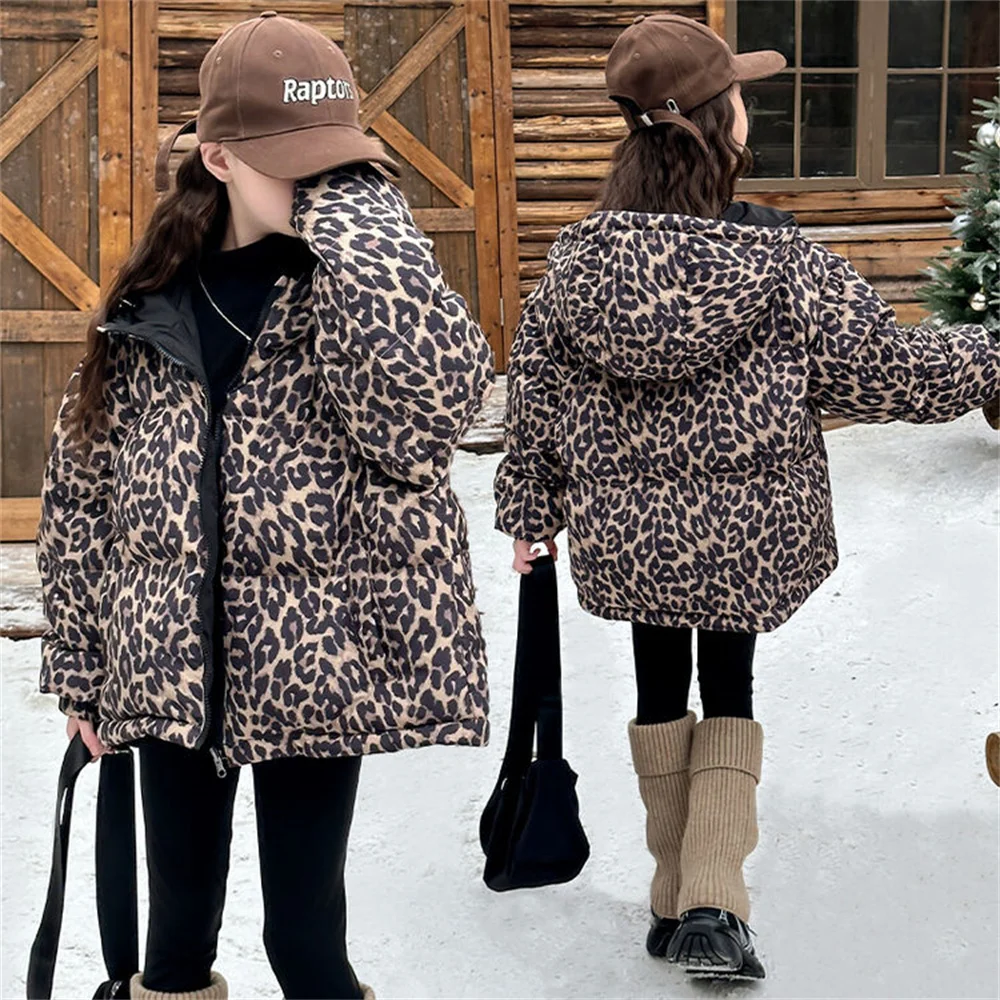 2379 Leopard Print Winter Children\'s Down Jacket Thickened Hooded Girls\' Outdoor Cotton Jacket Thousand Bird Grid Cotton Coat