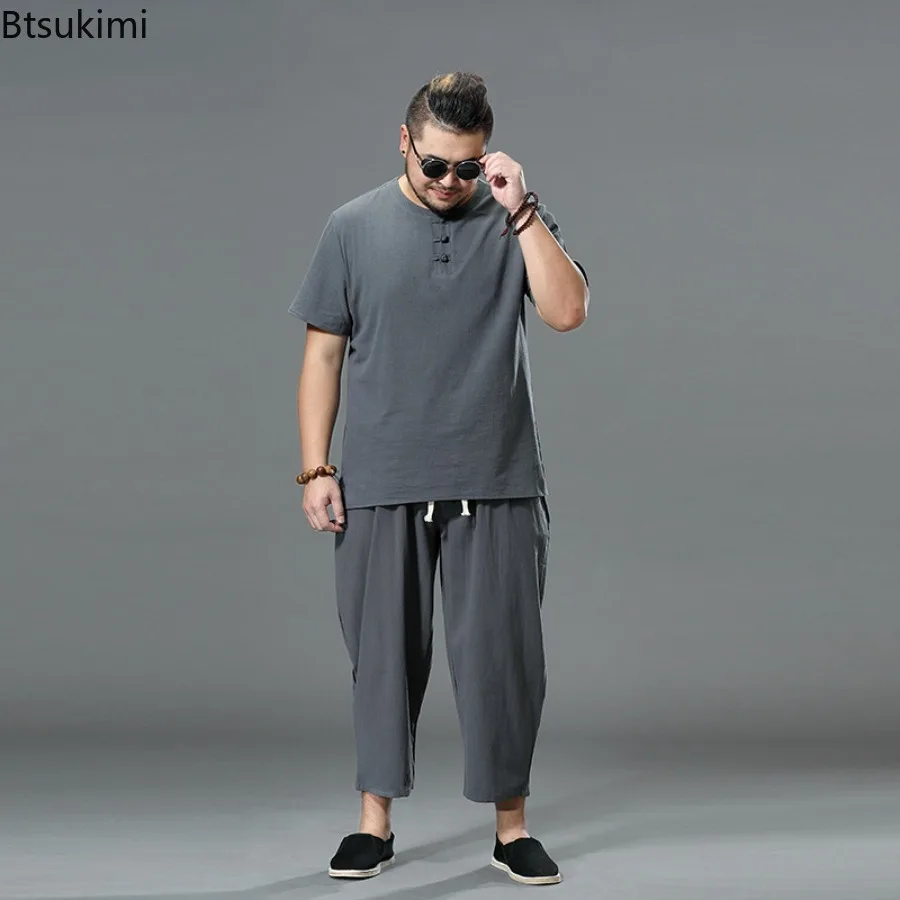 Summer Linen Set Men's Casual Short Sleeved T-shirt Nine Cents Pants Two-piece Set for Men Cotton Linen Loose Solid Color Set