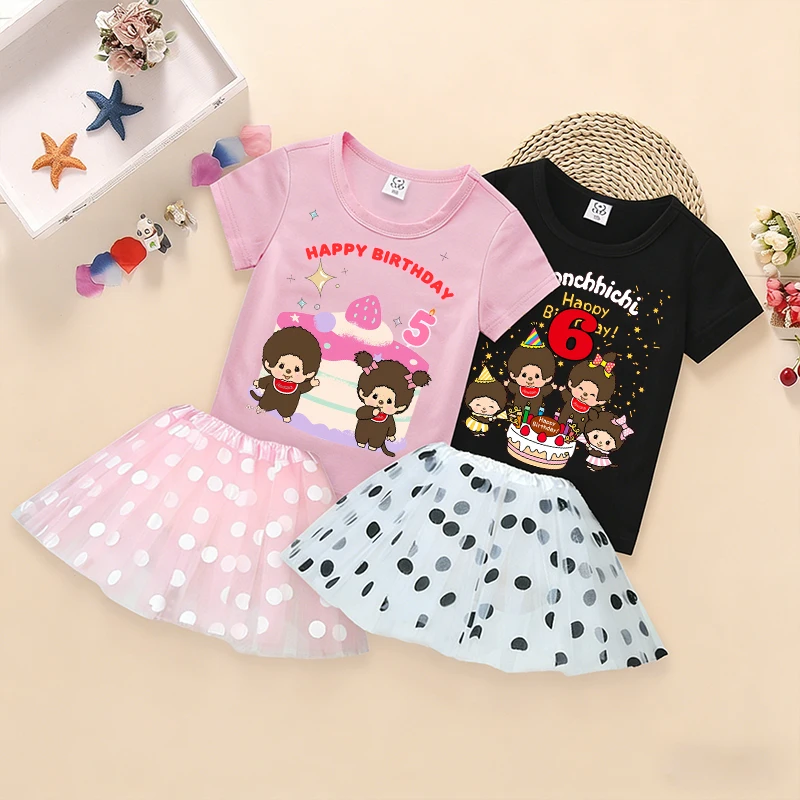 

New Monchhichi T-shirt Skirt 2pcs Set Birthday Party Short Sleeves Polka Dot Skirt Girl Fashion Tees Children Cute Clothes Gift