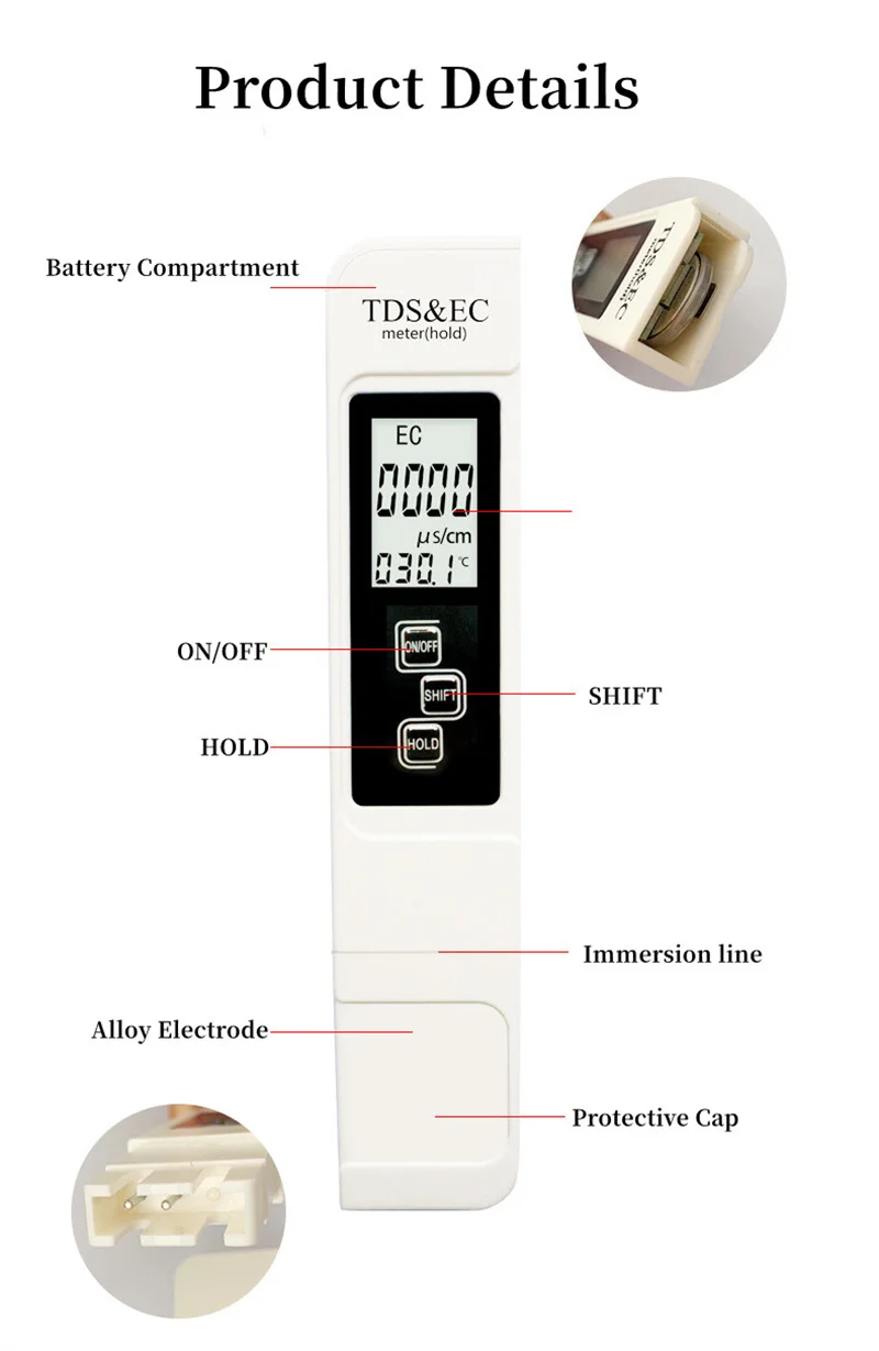 Professioneller 3-in-1 Tester Wassermessgerät TDS EC Temperaturmessgerät Digitaler LCD-Wassertester Stift Reinheitsfilter Wasserqualität – Detail 7
