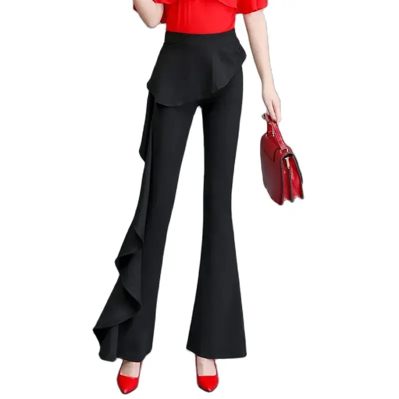 Lotus-Flounced Fishtail Bell-Bottoms Spring And Autumn 2023 New High Waist Elastic Irregular Temperament Women Wide-Leg Pants