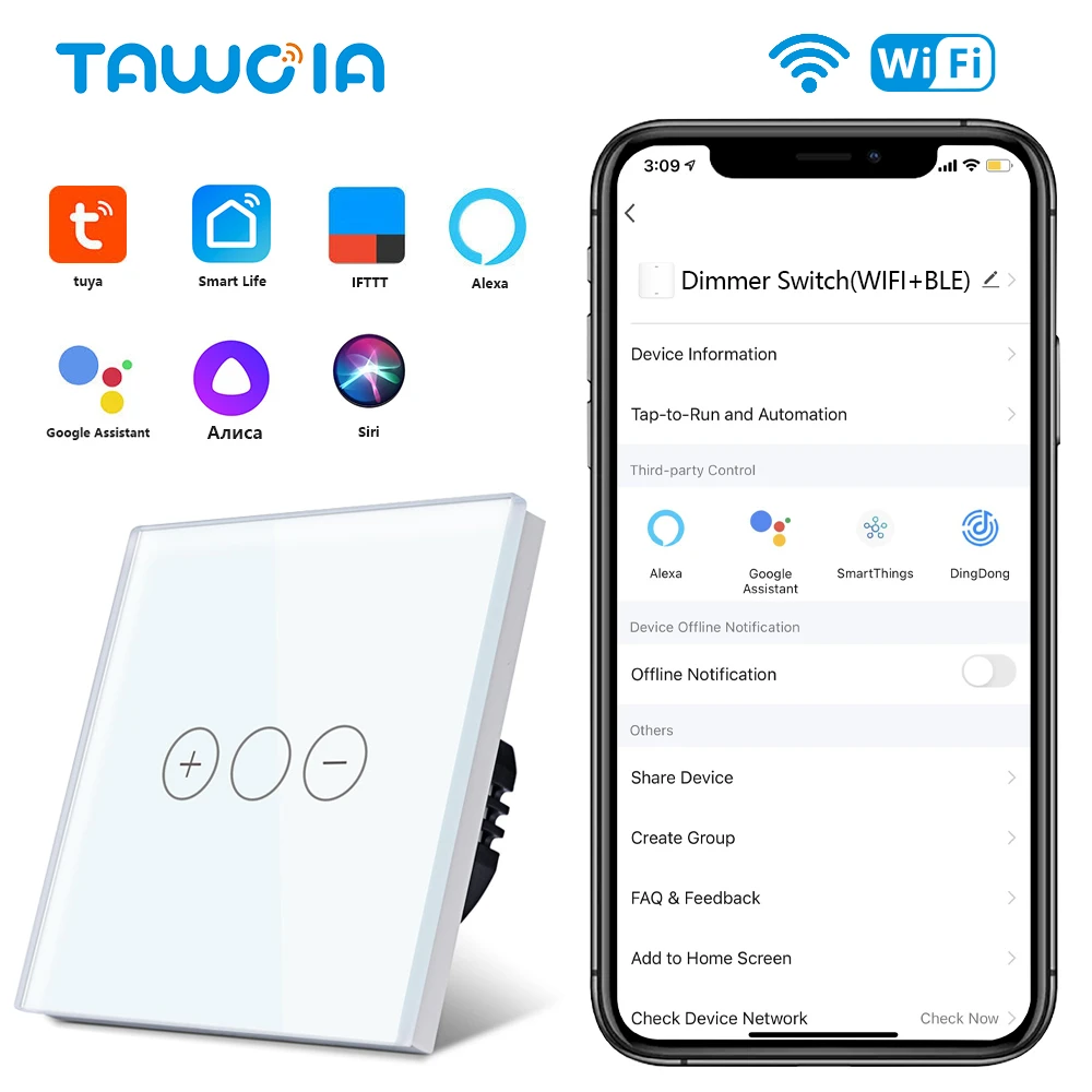 Tawoia Wifi Light Dimmer Touch Switch EU Standard Glass Smart Light Dimmer Touch Switch Works With Alexa Google Tuya Smart Life