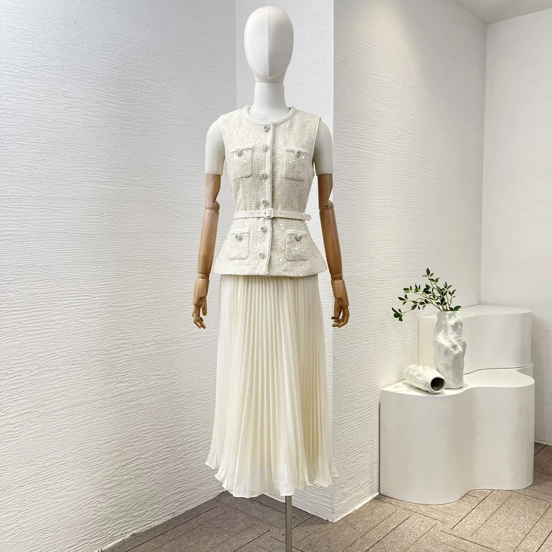 2024 New Snapper Buttons Ivory Sleeveless Tweed Patchwork Ruched Pleat Fake Two Pieces Belted Women Midi Dress