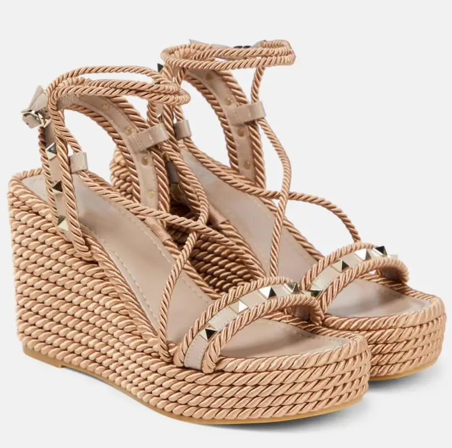 Woman Glod Studds Cross-strap High Wedges Platform Espadrille Sandals Ladies Peep Toe Metallic Buckle Thick Sole Casual Shoes