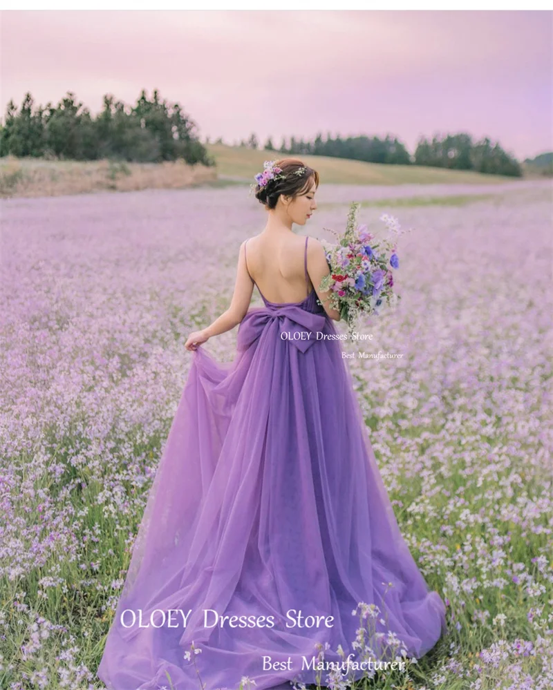 Oloey Elegante Lavendel Tule Lange Galajurken Korea Bruiloft Fotoshoot Spaghettibandjes Dromerige Tuin Backless Strik Avondjurk