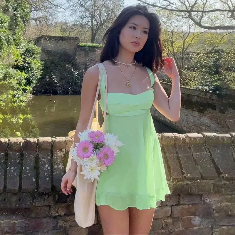 Ele Slim Sling-Kleid für Damen, farbiger Ausschnitt, A-Linien-Rock, Freizeitkleidung, kein Markenname, Polyester-Triacetat-Stoff