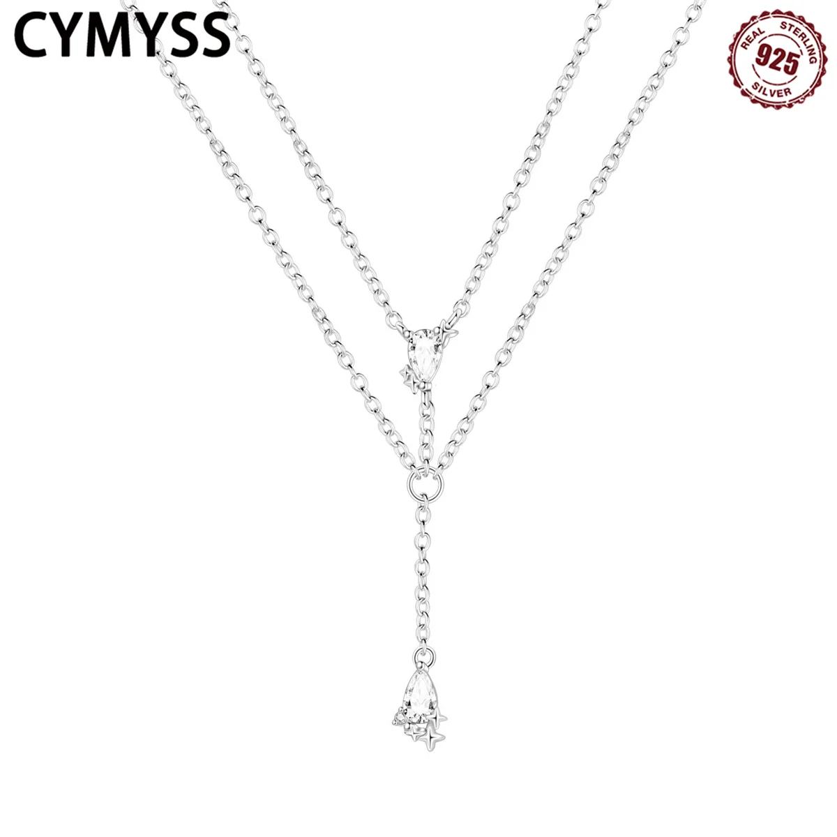 

CYMYSS 2025 New 925 Sterling Silver Double Strand Water Drop Zircon Tassel Necklace Premium Jewelry Birthday Anniversary Gift